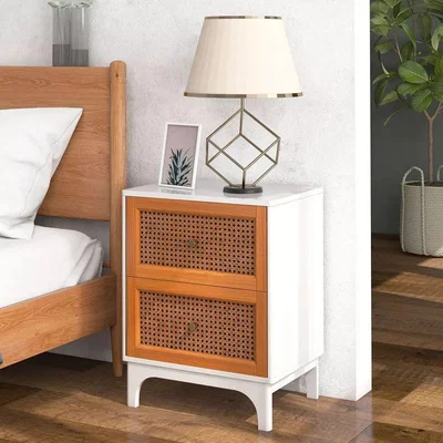 The Range Wood and Rattan Bedside Table with 2 Drawers - Natural
