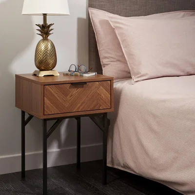 The Range Dark Chevron Single Drawer Bedside Table with Metal Legs - Brown
