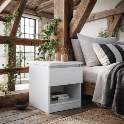 The Range Budapest Bedside Table - High-Gloss White, 1 Drawer and 1 Shelf - White