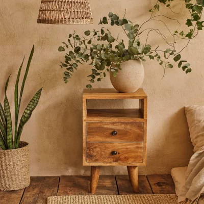 The Range Parma Mini Mango Wood Bedside Table with 2 Drawers and Open Shelf - Brown
