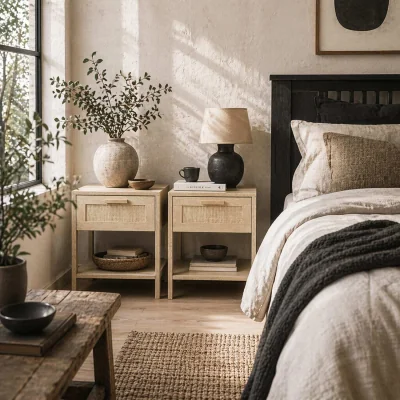 The Range Dilamo Set of 2 Farmhouse Bedside Tables with Rattan Drawer and Open Shelf