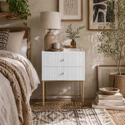 The Range Lelu Rata White and Gold 2-Drawer Ribbed Bedside Table