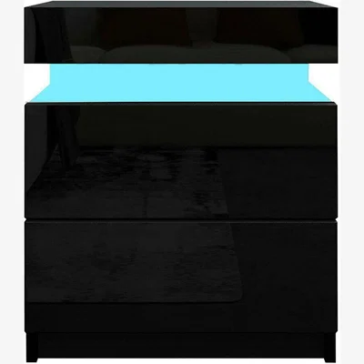 The Range LED Light Bedside Table Front High Gloss Chest of 2 Drawers-Black - Black