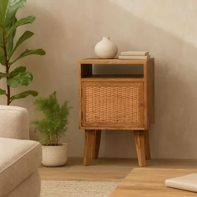 The Range Breil Mango Wood Bedside Table with Rattan Door and Angled Legs - Brown