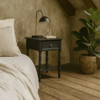 The Range San Antonio Vintage Wooden Nightstand with Drawer and Shelf - Black