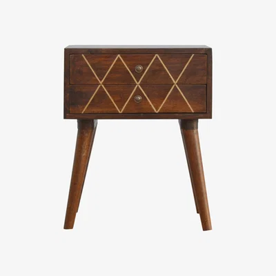 The Range Geometric Brass Inlay 2 Drawer Bedside Table - Brown