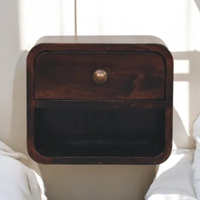 The Range Solid Wood Mini Curved California Walnut Wall Mounted Bedside with Open Slot - Brown