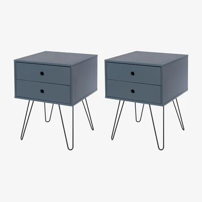 The Range Set of 2 Options 2 Drawer Bedside Cabinet with Painted Finish, Black Metal Leg - Blue