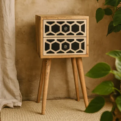 The Range Valeggio Mini Mango Wood Bedside Table with 2 Bone Inlay Drawers - Brown