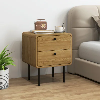 The Range HOMCOM Modern Bedside Table with 2 Drawers and Steel Legs for Bedroom - Oak