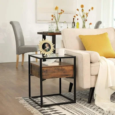 The Range Bedside Table with Tempered Glass with Drawer and Shelf - Brown