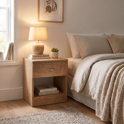 The Range 1 Drawer Oak Effect Bedside Table Nighstand With Shelf Deep Design - Oak