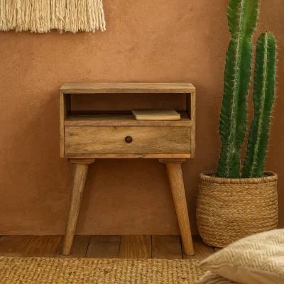 The Range Modica mango wood bedside table 1 drawer open shelf matt finish - Brown