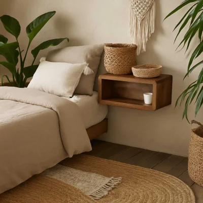 The Range Mantua Mango Wood Wall Mounted Bedside Table 100% Solid Mango Hand Carved - Brown