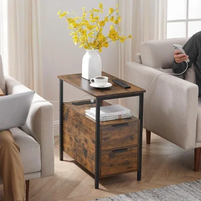 The Range Narrow Bedside Table with Charging Station Drawers, Brown & Black - Rustic Brown, Classic Black