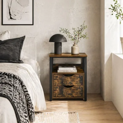 The Range Liri Hael Small Rustic Brown Bedside Table - 2 Drawers with Top Shelf