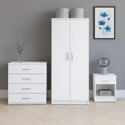 The Range White Wooden Bedroom Furniture Set 3 Pc Wardrobe 4 Drawers Bedside Table  - White