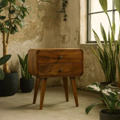 The Range Ostuni Curved Mango Wood Bedside Table 2 Drawers Chestnut - Brown