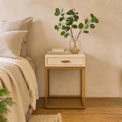 The Range Belluno Ivory Shagreen Bedside Table with Antique Brass Frame and Drawer - White