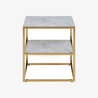 The Range Alisma Bedside Table with White Marble Glass & Gold Base - White Marble & Gold