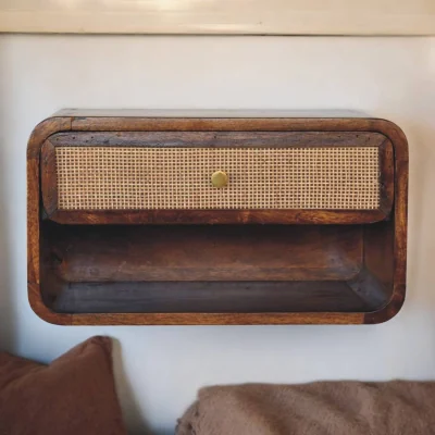 The Range Solid Wood Chestnut Wall Mounted Open Woven Bedside - Brown