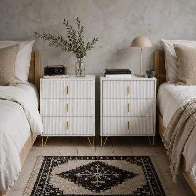 The Range Renina Set Of 2 Wooden White and Gold Tone 3 Drawer Bedside Tables