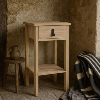 The Range Wyld Haus Wildberry Natural Oak Bedside Table with 1 Drawer and Leather Strap Handle - Neutral
