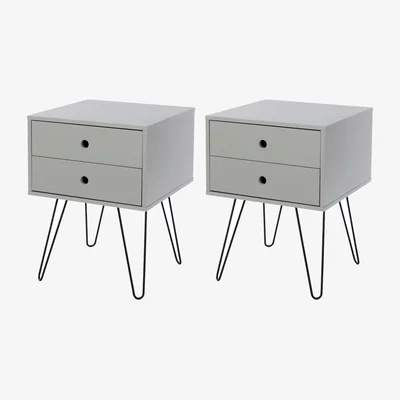 The Range Set of 2 Options 2 Drawer Bedside Cabinet with Painted Finish, Black Metal Leg - Light Grey