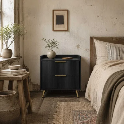 The Range Vevele Black 2-Drawer Ribbed Bedside Table with Gold Accents