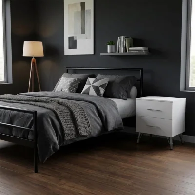 The Range Matt White 2 Drawer Bedside Chest Polished Metal Handles and Legs - White