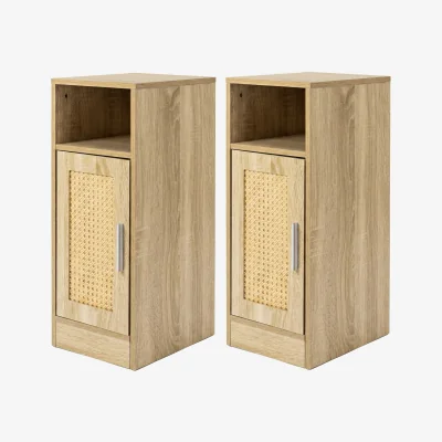 The Range Bedside Table 2 Pcs Slim Bedside Table with Storage Rattan Door Wood - Brown