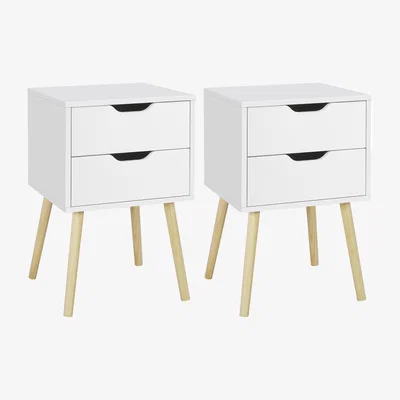 The Range Set of 2 Bedside Tables with Pine Wood Legs - White