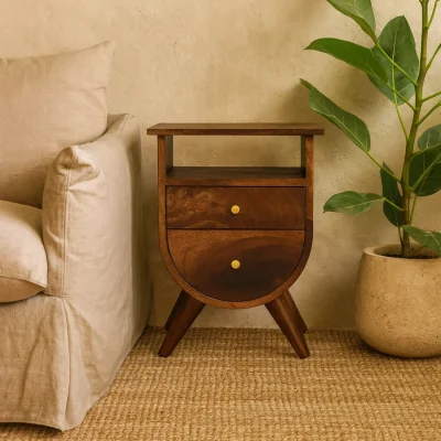 The Range Ostuni Split Chestnut Mango Wood Bedside Table 2 Drawers Brass Knobs - Brown