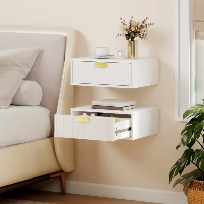 The Range HOMCOM Floating Nightstands Set of 2 Bedside Tables Wave Drawer - White