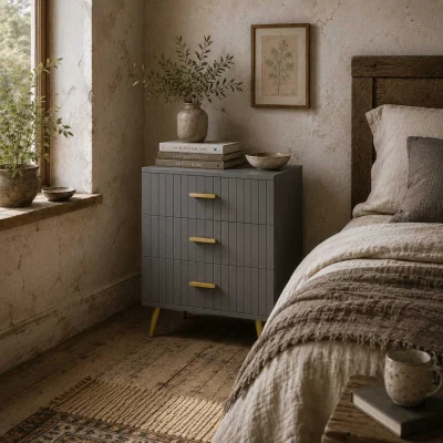 The Range Momase Tall Wooden Grey and Gold Tone 3-Drawer Embossed Bedside Table