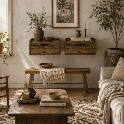 The Range Mita Tova Rustic Brown Set of 2 Wall-Mounted Floating Bedside Tables with Drawer Storage