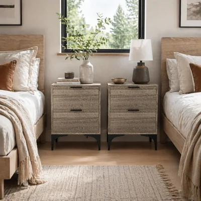 The Range Nielel Set of 2 Grey Wood-Effect Bedside Tables, 2 Drawers