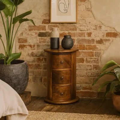 The Range Olbia Mini Drum Chest 3 Drawer Solid Mango Wood Round Bedside Table Chestnut Matt Finish - Brown