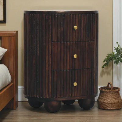 The Range Solid Wood Curved Fluted 3-Drawer Bedside - Brown