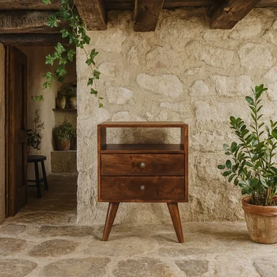 The Range Camogli Mid Century Chestnut Mango Wood Bedside Table 2 Drawers and Open Shelf - Brown