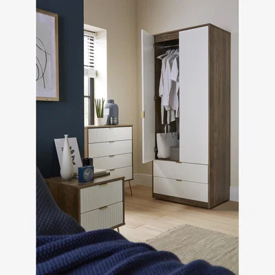 The Range Linear Ready Assembled 5 Drawer Bedside Cabinet - White Matt & Vintage Oak
