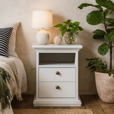The Range Osaka Farmhouse Bedside Table 2 Drawers and Open Shelf - White
