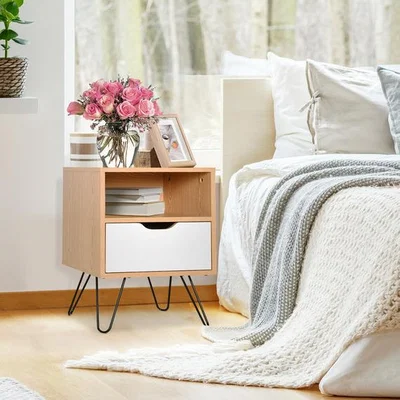 The Range Modern Bedside Table with Compartment Drawer - Brown & White