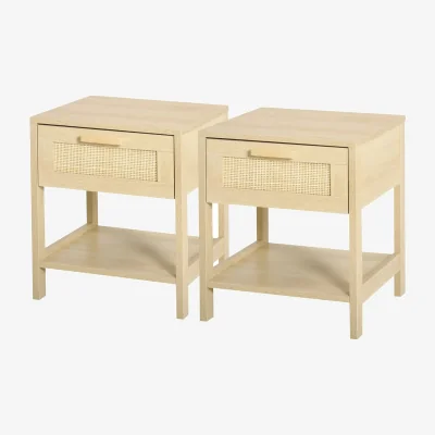 The Range 2PC Bedside Night Tables With Rattan Drawer and Shelf - Natural