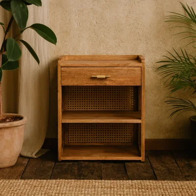 The Range Orta Mango Wood T Bar Bedside Table with Drawer Natural Finish - Brown