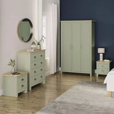 The Range 4 Piece Bedroom Set 3 Door Wardrobe  2 Bedside Table  4 Drawer Cabinet - Sage Green