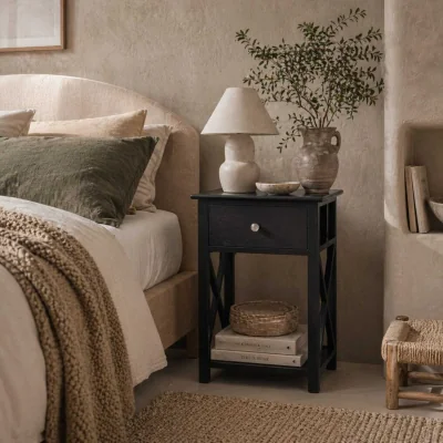 The Range Vidodo Black Wooden Bedside Table with Drawer, X-Bar Base and Lower Shelf