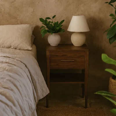 The Range Ouro Preto Bedside Table 1 Drawer Open Shelf Brushed Brass Handle - Brown