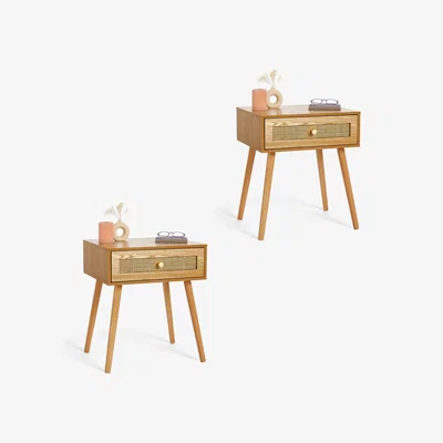 The Range Set of 2 Bedside Tables with Rattan Fronted Drawer - Natural