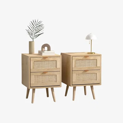 The Range 2PC Wooden Rattan Bedside Tables With 2 Drawers - Brown